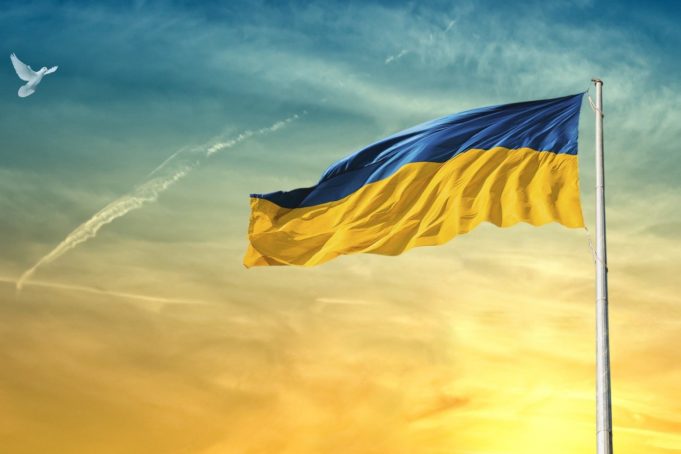 ukrainische Flagge und Friedenstaube